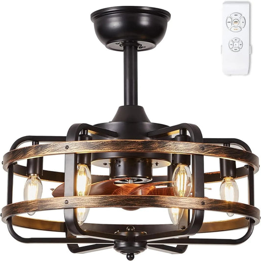 Ventilator, 3 Snelheden, Vervangbaar 6x E14 Lamp voor Woonkamer Slaapkamer, Zwarte Metalen Kooi